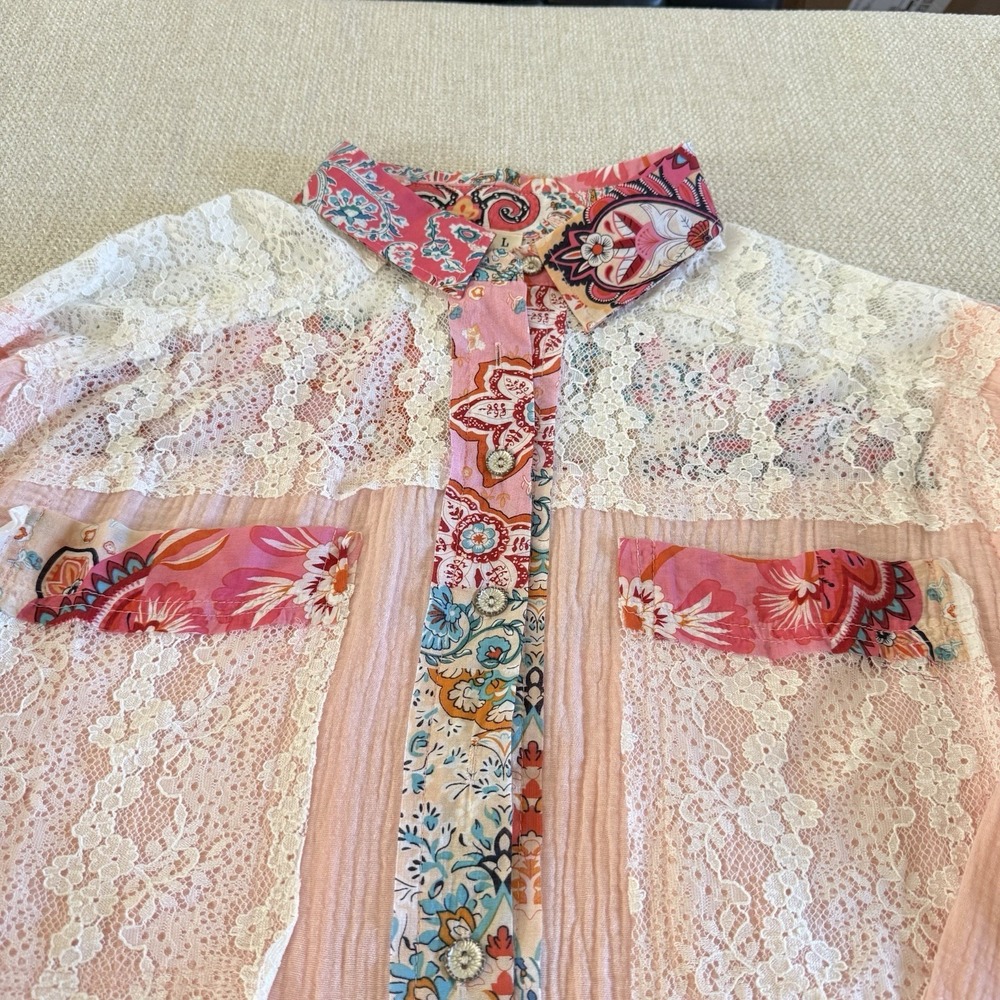 POL Patchwork Floral Trim Long Sleeve Women's Gauze Button Up‎ Shirt Size M - Picture 15 of 16